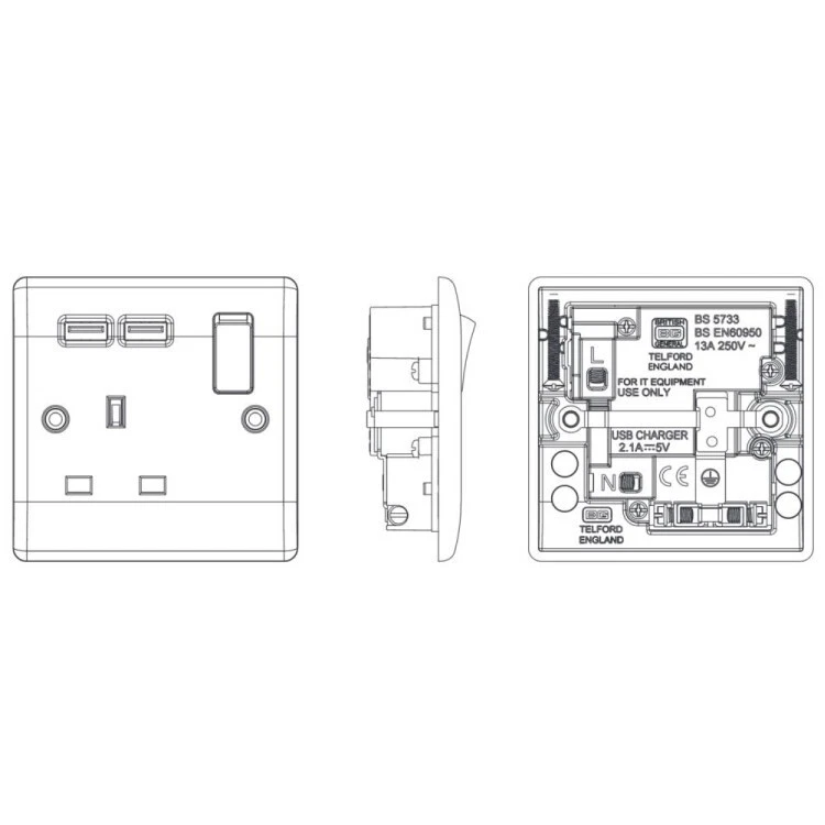 Single 1 Gang Wall Socket 13A With Twin USB Charger Port Plug Switched Socket - Image 2 of 4