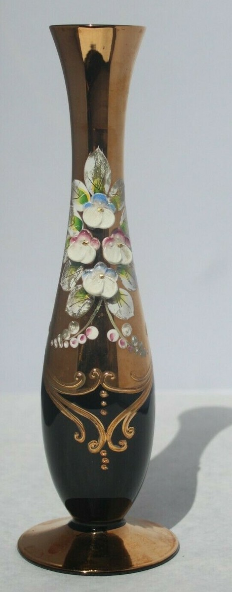 Crystalex Czech Republic Bohemia 8” Vase With Gold & Flower