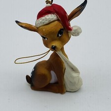 Small Plastic Deer With Christmas Hat  White Bag Tree Ornament