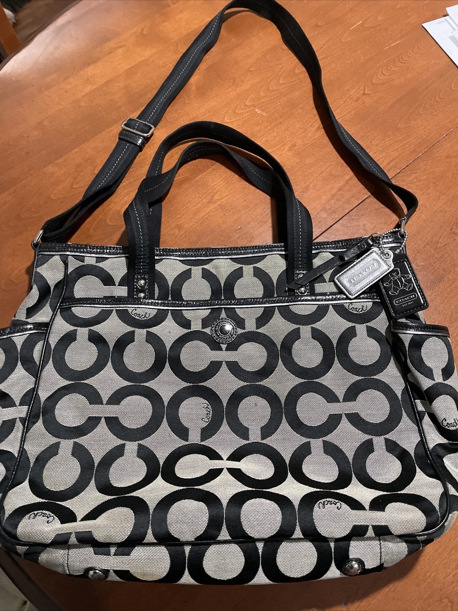 COACH BLACK WHITE SIGNATURE OP ART X LARGE DIAPER BAG TOTE HANDBAG