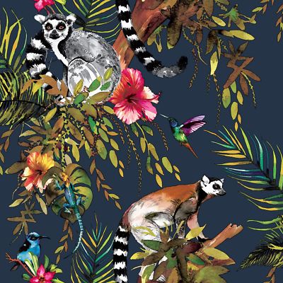 Lemur Jungle Tropical Flowers Exotic Birds Animals Midnight Blue 12403 Wallpaper