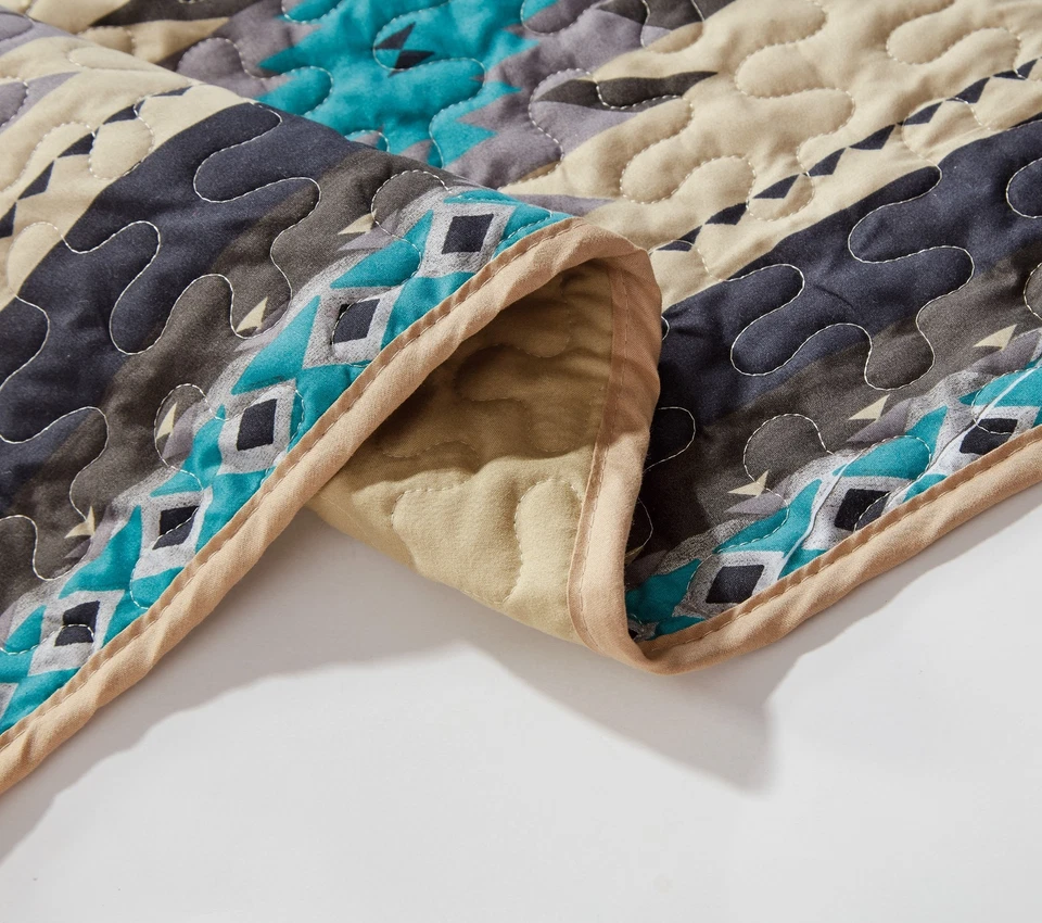 Chezmoi Collection 3-Piece Teal Beige Southwestern Tribal Quilt Bedspread Set - Image 4 of 4