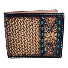 Twisted X XH829B Tooled Leather Bifold Wallet Green Buck Stitch Basket Floral