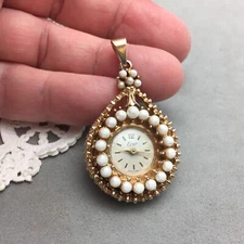 Coro Pendant Watch 1 Jewel Runs Faux Pearls Gold Tone Vintage Swiss Made 1 5/8"