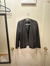 Tahari Women's Long Sleeves Grey and Black striped Shawl Cardigan