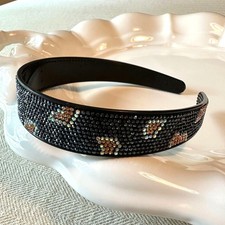 Navy Rhinestone-Studded Headband With Brown Leopard Print Accent NWOT