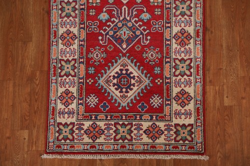 Geometrischer Kazak Läufer Teppich 3x10 Fuß Handgeknüpft Rot Wollteppich Traditioneller Teppich - Bild 6 von 19