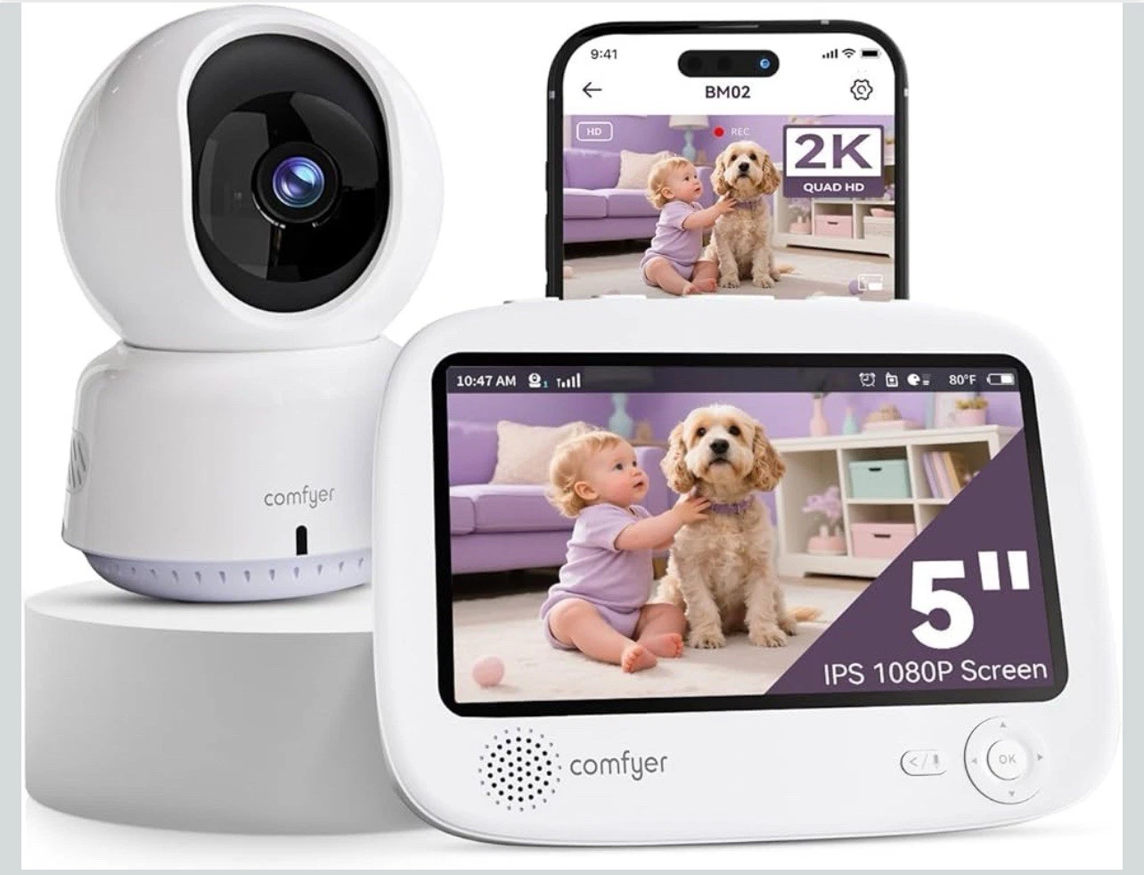 NEW COMFYER Smart WiFi Baby Monitor 5" 1080P Split Screen &2K Camera App Control