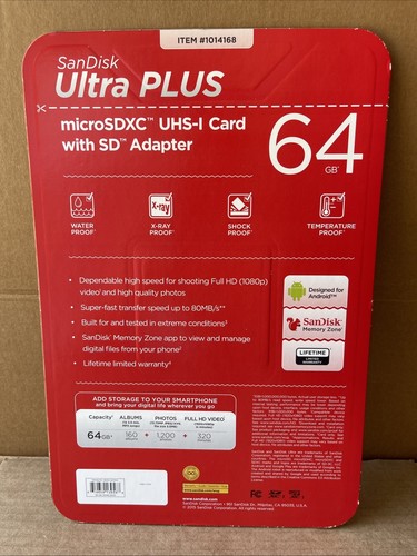 SANDISK ULTRA PLUS MICROSDXC UHS-I CARD W/ADAPTER 64GB NEW SEALED - Picture 3 of 3