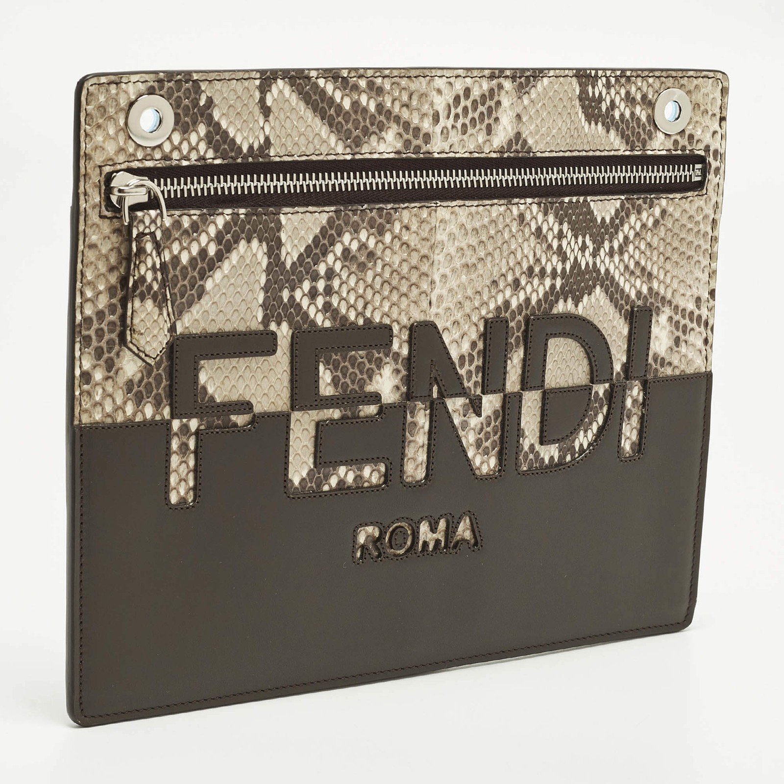 Fendi Logo BrownBeige Leather and Python Flat Pou… - image 3