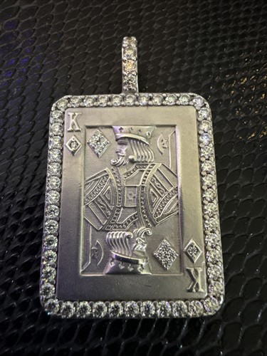 Moissanite King Of Diamonds 925 Silver Iced Poker Card Pendant Harlem Bling EUC!