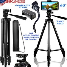 60" ALUMINUM CAMERA  PHONE TELESCOPIC TRIPOD WITH GOOSENECK STAND 360  ROTATION