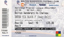 TICKET Bolton Wanderers v Chelsea 02-10-2011 Premier League