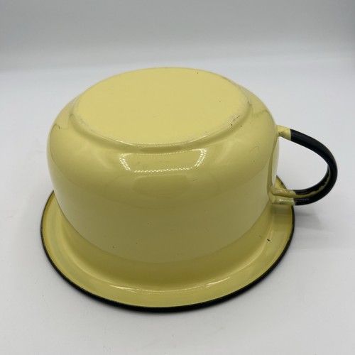 Vintage Yellow Enamel Metal Bowl with Handle Black Trim 6 3/4" X 3 1/4"farmhouse - Picture 4 of 5