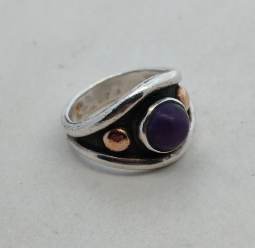 "Jambet" Sterling Silver Southwestern Purple Cabochon Ring Size 8 w Gold Accents