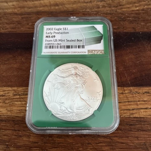 2002 $1 Silver Eagle NGC MS69 Early Production From US Sealed Box Green Core