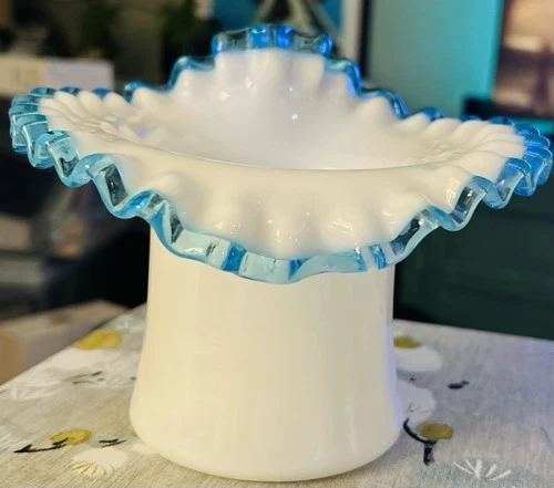 Vintage Fenton Aqua Crest Milk Glass Hat Vase Crimped Ruffled Edge Blue 1941