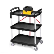 Heavy-Duty Utility Cart with 3 Shelves & 4 Wheels Foldable  Rolling Utility Cart