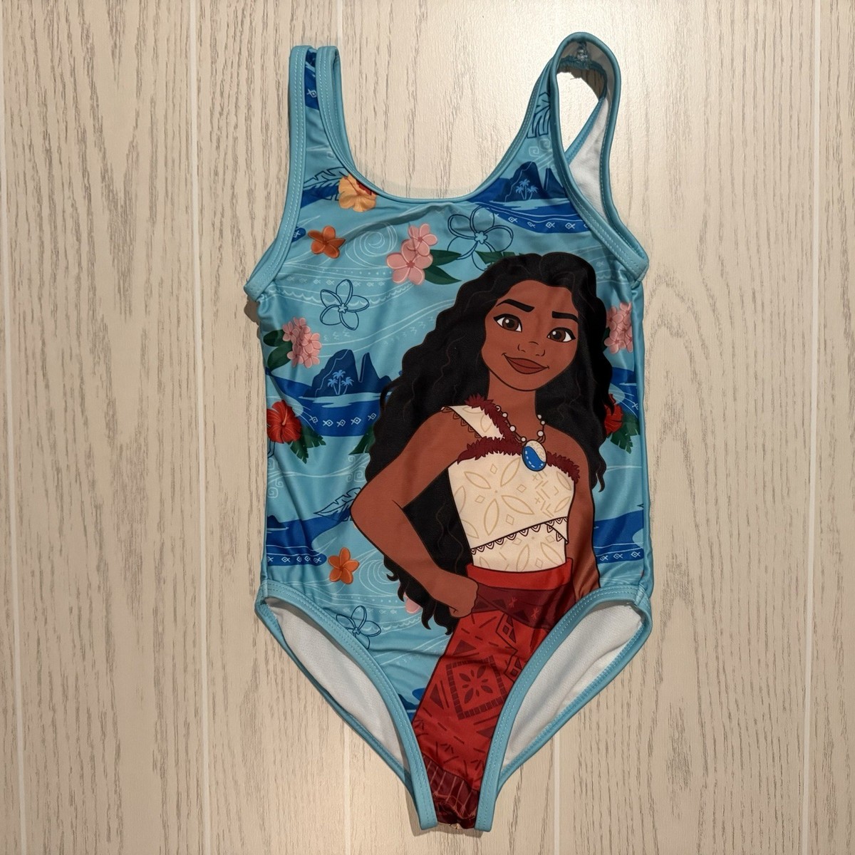 Disney Moana Swimsuit Girls S 6/6X Blue Floral One Piece Swimsuit