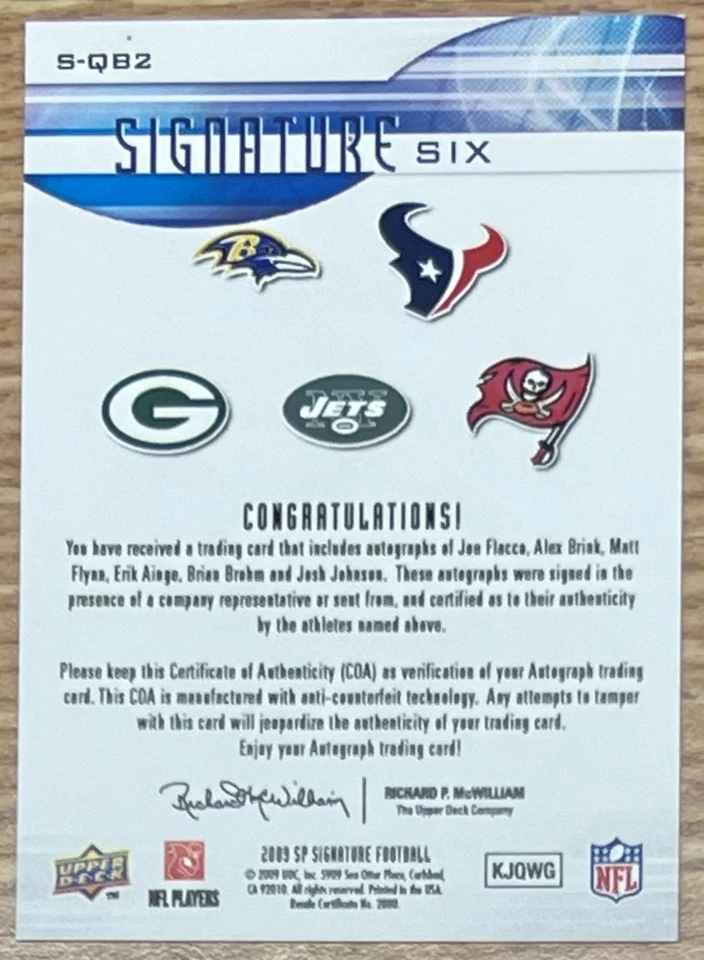 Joe Flacco 2009 Upper Deck SP Signature Edition Six Auto /30 Flynn Brink Ainge - Image 4 of 4