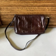 Handbag Purse Genuine Eel Skin Vintage Shoulder, Clutch Or Crossbody Brown