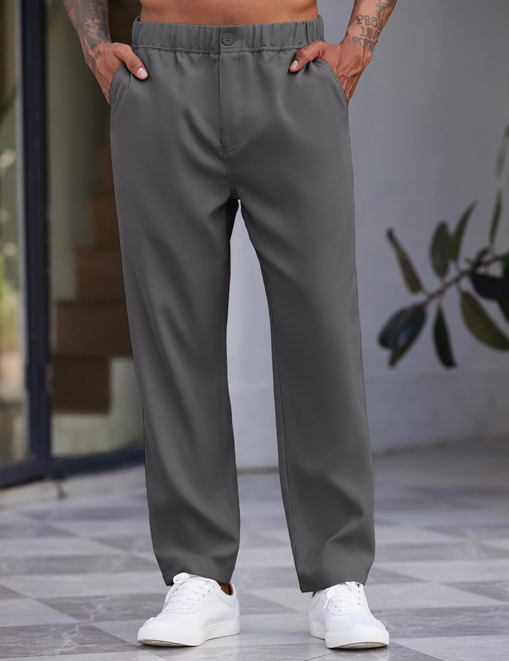 Men'S Casual Pants Relaxed Fit Flat Front Expandable Waist Chino Slack