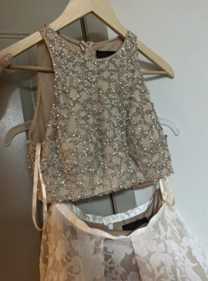 Two piece prom dress, Golden pearl embellished Top & white/tan lace skirt  size 4 | eBay