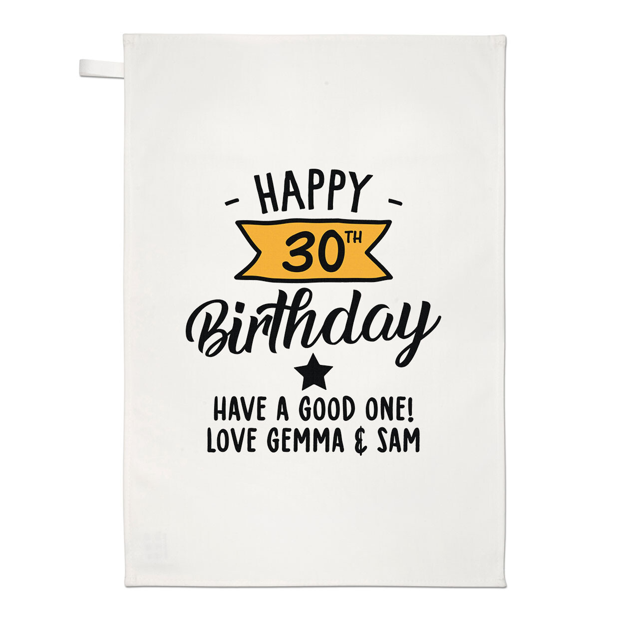 Personalised Happy 30th Birthday Yellow Banner Tea Towel Son Daughter Friend