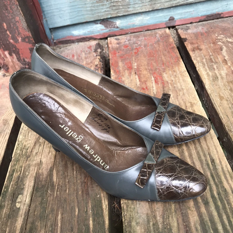 Zapatos De Colección Diseñador Caimán y Cuero Años 50 Andrew Geller Tacones Bloque 8.5 Mcm  Foto 2 de 4