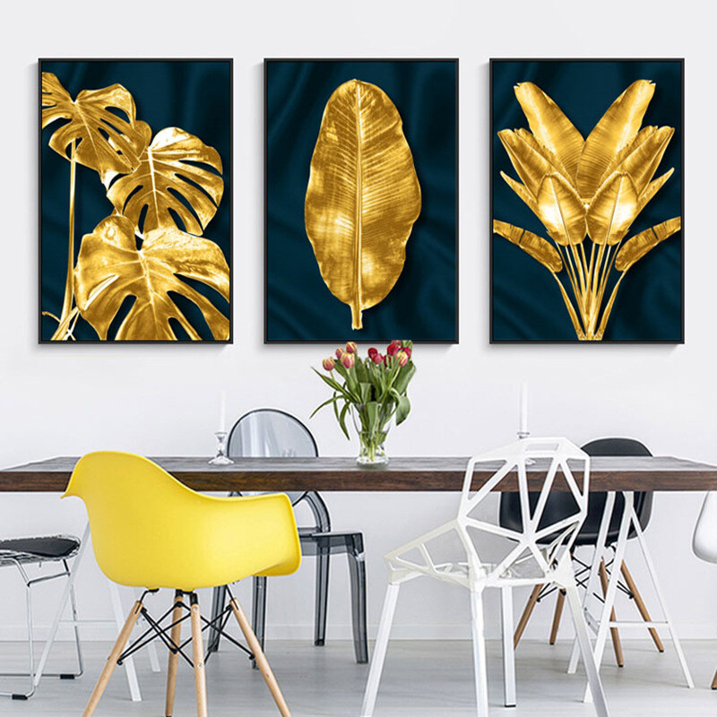 Abstract Gold Plant Leaf Poster Print Wall Art Nordic Canvas Painting ...