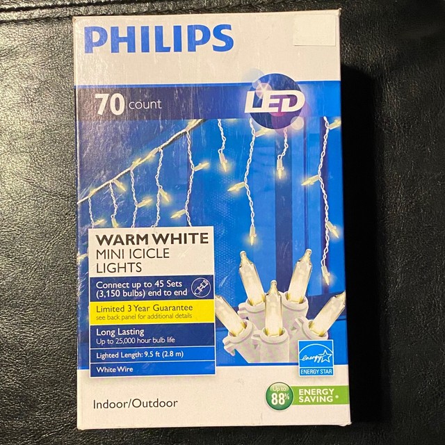 70ct Philips LED Icicle Lights Warm White Indoor Outdoor 88 Energy