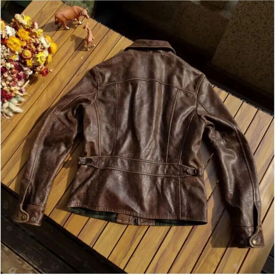 Men's Genuine Cowhide Coat Vintage Brown Biker Leather Jacket Outwear - Image 3 of 4