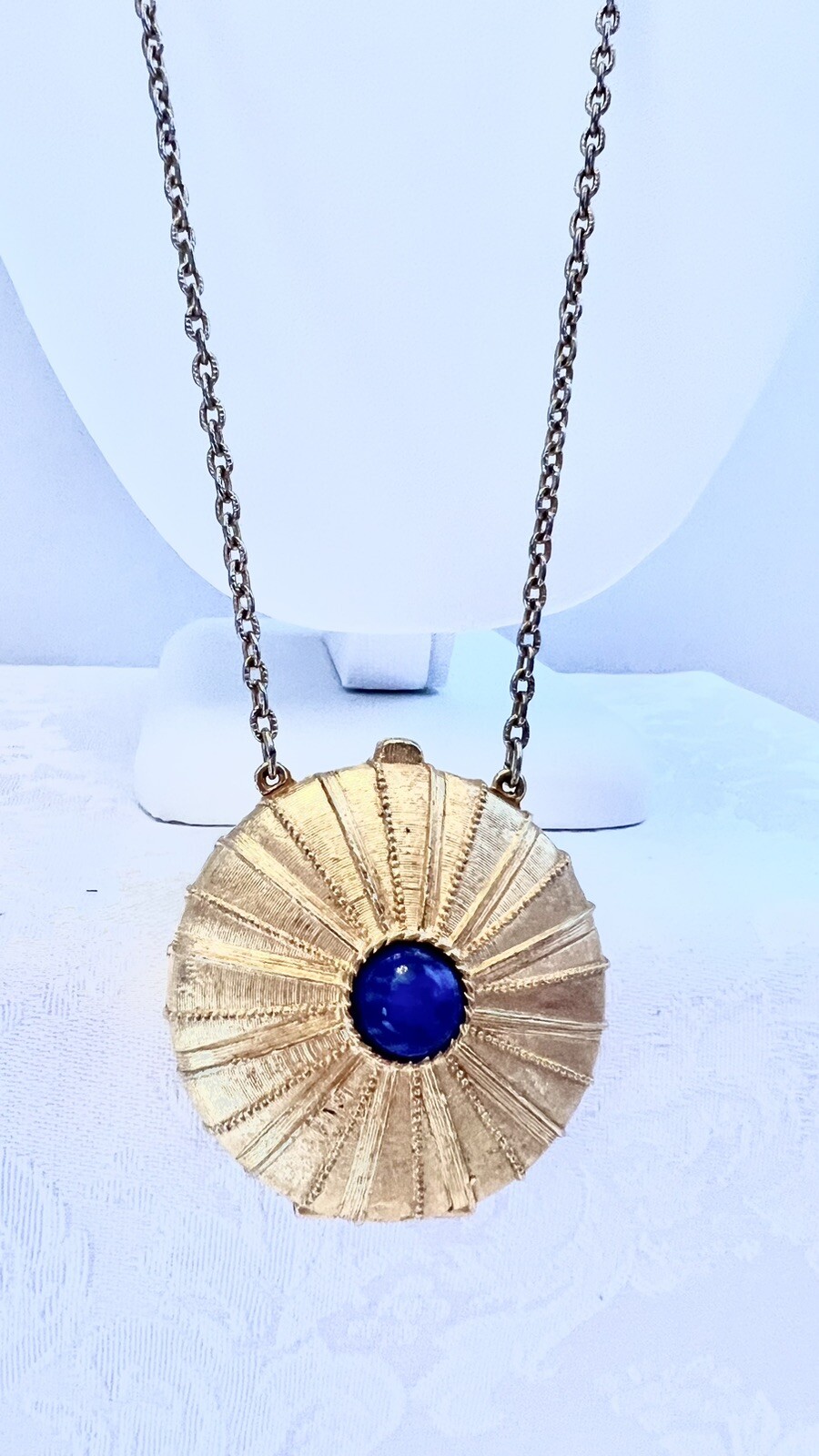 Vintage Estee Lauder Compact Pendant Necklace Gold Tone Blue Stone