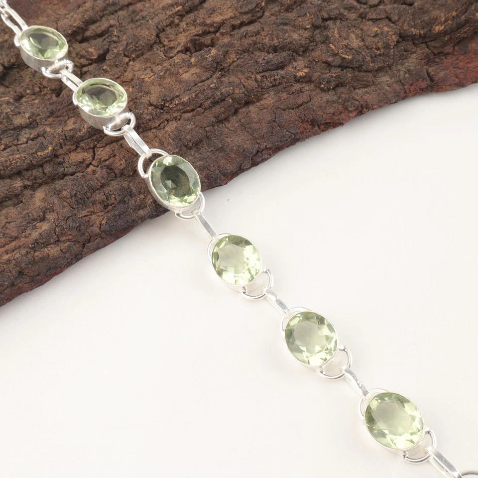 Elegante Pulsera Aniversario Madre Cadena Plata Esterlina Amatista Verde Genuina Foto 3 de 4