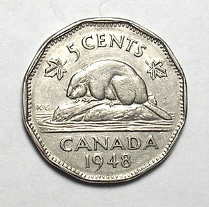 1948 Canada 5-cent nickel (Low mintage 1,810,789/Semi-Key date) + Free Shipping
