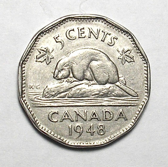 1948 Canada 5-cent nickel (Low mintage 1,810,789/Semi-Key date) + Free Shipping
