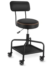 Shop Stool with Lockable Rubber Wheels Adjustable Backrest Tool Tray Black