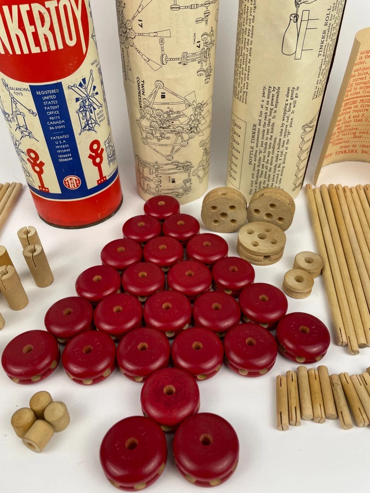 '40s TinkerToy Wonder Builder Set Red Spools PLUS Orig Literature ~115 pieces - Image 4 of 4