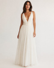 ASOS Bridal Ivory Pleated Tulle Deep V Open Back Maxi Dress US 8