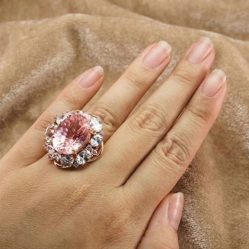 Estate Peach Pink Tourmaline Concave 28.45Ct 925 Sterling Silver Rose Gold Rings