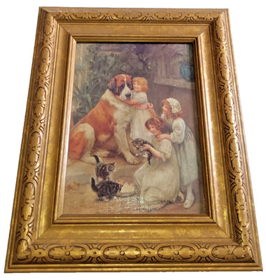 Vtg Framed Print of Painting by Arthur John Elsley NEVER MIND Victorian Girl Dog