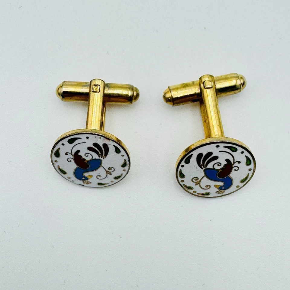 Gemelos vintage de pájaro pavo real espalda de ballena plateada redondos tono dorado Foto 3 de 4