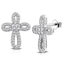 925 Sterling Silver White Clear CZ Religious Cross Stud Earrings, 0.60"
