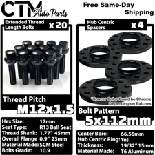 4x 15mm Thick 5x112 66.56mm CB Wheel Spacer 12x1.5 Black Bolt Fit Mercedes Wheel