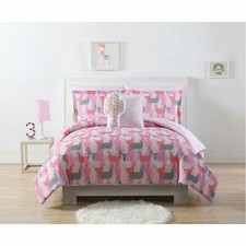 Full / Twin Kids Bedding Set Girls Boys Comforter Llama 7 piece Pink / Grey New
