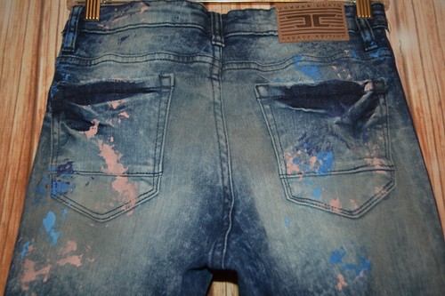 Jordan Craig Boy's Skinny Paint Splatter Distressed Striped Blue Jeans Sz 14 - Picture 7 of 12