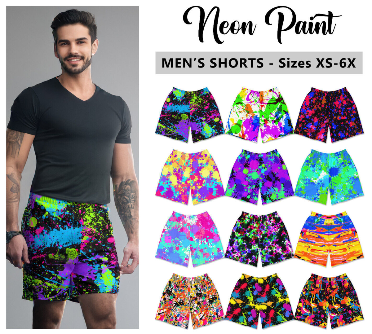 Men's Retro Neon Paint Splatter Athletic Shorts #1 - 80s 90s