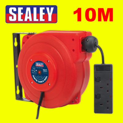 Sealey Tools CRM10 10m Verlängerungskabeltrommel Einziehsystem 2 x 230V Steckdosen
