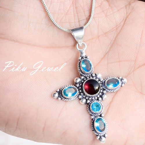 Ciondolo croce cristiana in argento sterling 925 con topazio blu svizzero e... - Foto 1 di 5