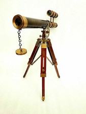 14" Brass Antique Finish Double Barrel Marine Telescope on Wooden Tripod Stand